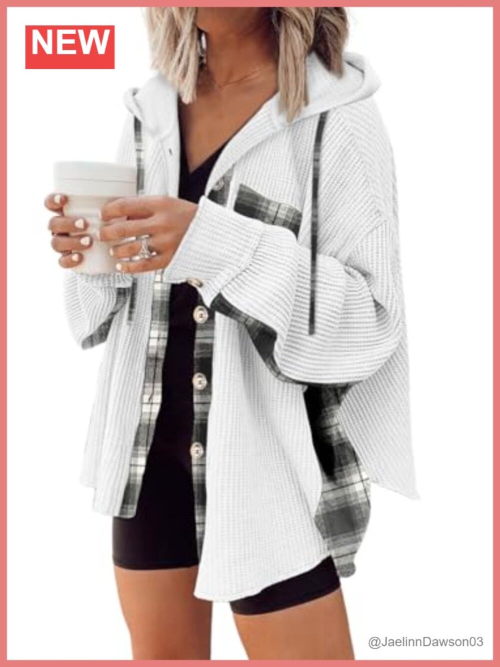 Waffle Knit Plaid Shacket Button Down Hooded Jacket Loose Fit